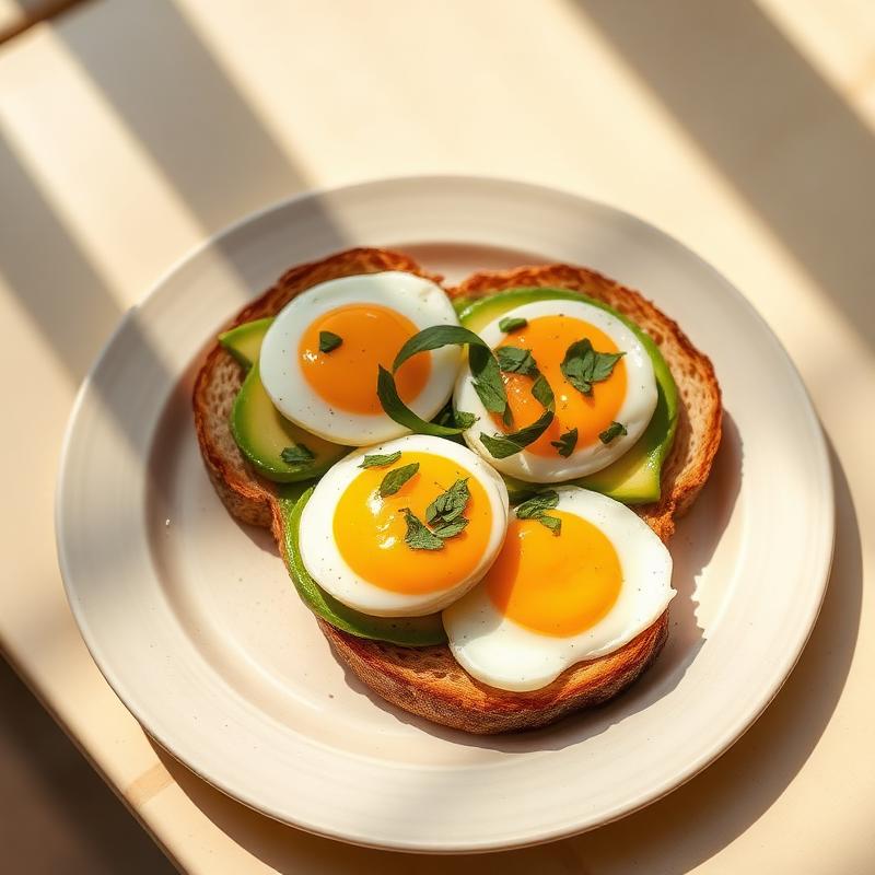 Tostada con palta y huevos sobre un plato blanco