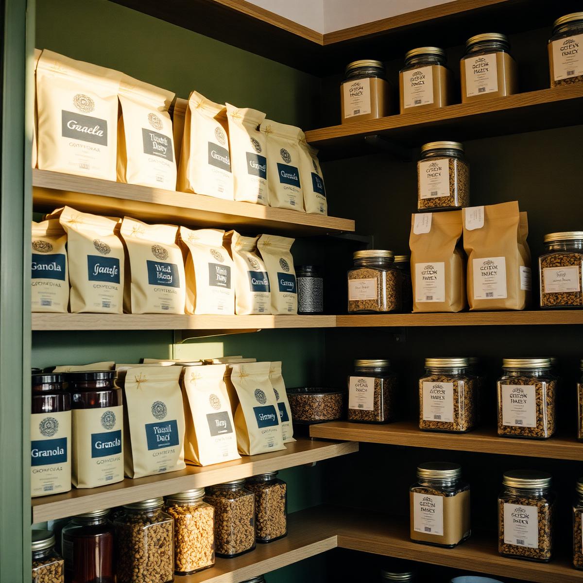 Estantes del mercadito con paquetes de café y frascos de despensa